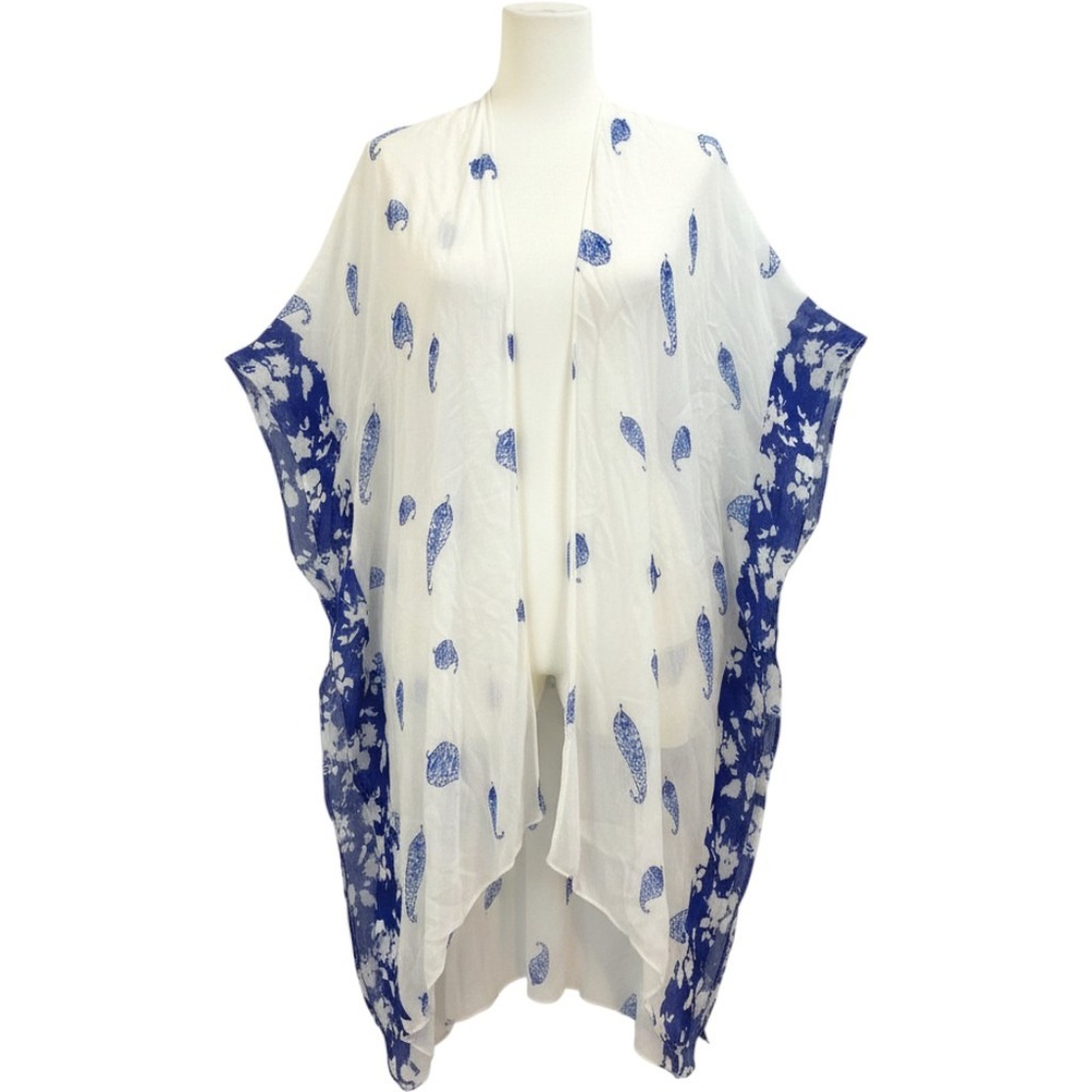 Paisley Print Open Kimono Duster White Blue‎ Viscose Women OS Boho Chic Beachy